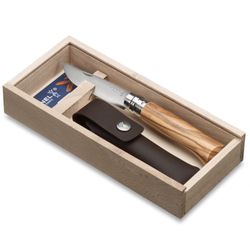 Opinel N°08 Olive Wood Knife + Sheath Boxed Set − Wooden case closed by a plexiglass cover