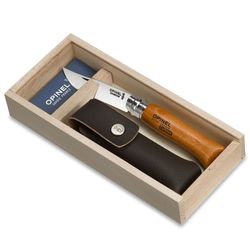 Opinel N°08 Carbon Knife + Sheath Boxed Set − Wooden case closed by a plexiglass cover