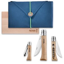 Opinel Nomad Cooking Kit − Includes: N°10 folding corkscrew knife, N°12 folding knife with serrated blade, N°06 pocket peeler, beech cutting board, and microfibre dish towel doubling as a travel pouch