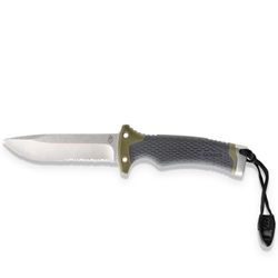 Gerber Ultimate Fixed Blade Survival Knife − Featuring a half serrated, drop point blade, a textured rubber grip, a steel hammer pommel, and an emergency whistle	