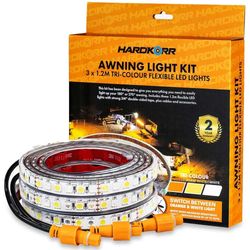 Hard Korr 3 Strip Tri−Colour LED Awning Light Kit − Includes: 3 x 1.3m LED light strips, 1 tri−colour dimmer switch, 1 x 1.5m power lead, 1 x 2.25m 4 pin extension lead, 1 x 3way splitter cable 