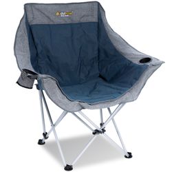 OZtrail Moon Chair Single with Arms − This design features arms that wrap around the chair, with a wine glass holder and cup holder