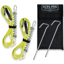 Supa Peg Awning Storm Tie Down Straps Kit − 2 x tie down straps, 2 x 225mm x 6mm galvanised pegs, and 1 x storage bag