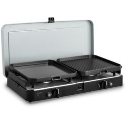 Dometic Cadac 2 Cook 3 Pro Deluxe Gas Stove − 2−burner gas stove with pot and coffee stands, and grill plates