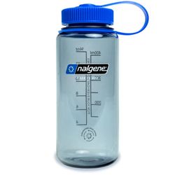 Nalgene Wide Mouth Sustain 500ml Bottle Grey with Blue Closure − Classic BPA/BPS− free Wide Mouth bottle made with material derived from 50% waste plastic